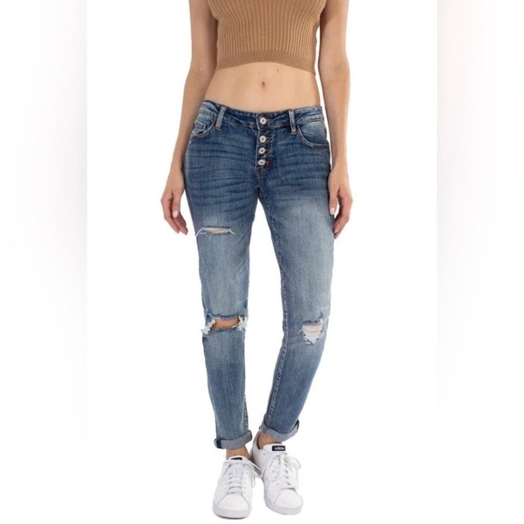 Kancan Claire Jeans Women's 1/24 Mid Rise Boyfriend Distressed Raw Hem Stretch - Picture 1 of 7